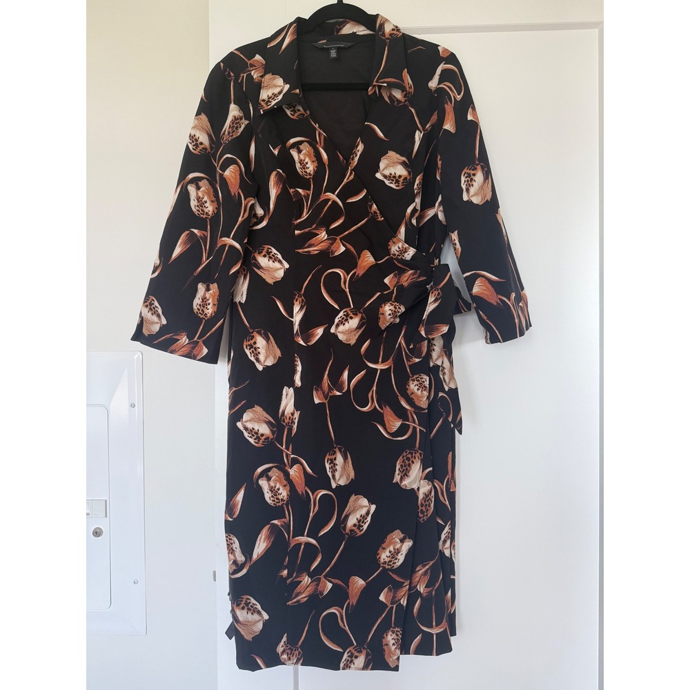 White House Black Market Floral Wrap Dress Black Tan Tulip Print Midi 12